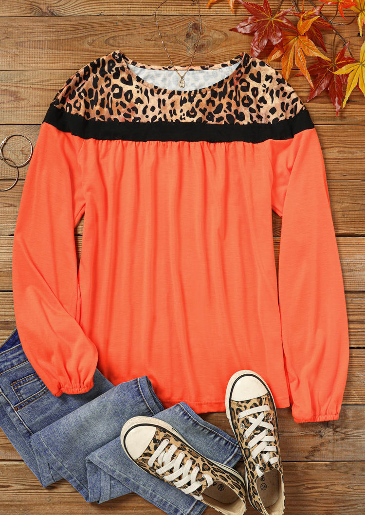 Leopard Color Block Ruffled Long Sleeve O-Neck Blouse - Orange