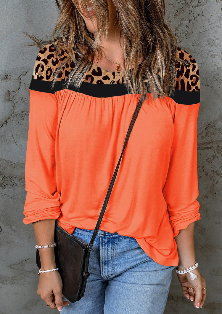

Leopard Color Block Ruffled Long Sleeve O-Neck Blouse - Orange, SCM007962
