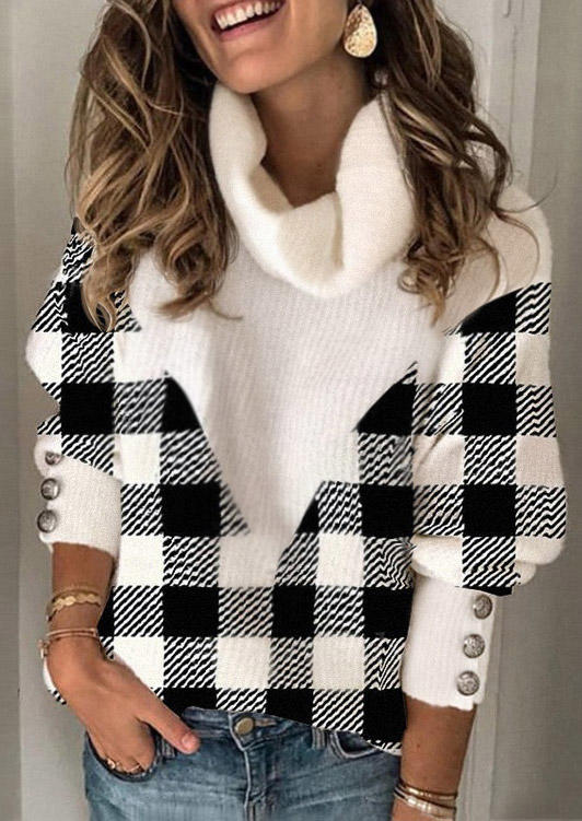 

Plaid Button Drop Shoulder Turtleneck Sweater, Multicolor, SCM007968