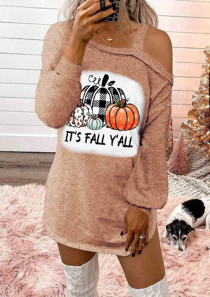 

It' Fall Y'all Leopard Plaid Dot Pumpkin Sweatshirt Mini Dress - Light Brown, SCM008093