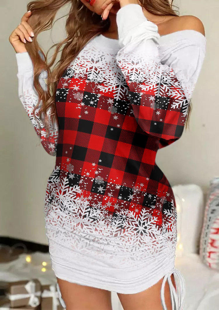 

Christmas Snowflake Plaid Gradient Drawstring Bodycon Dress - White, SCM008284