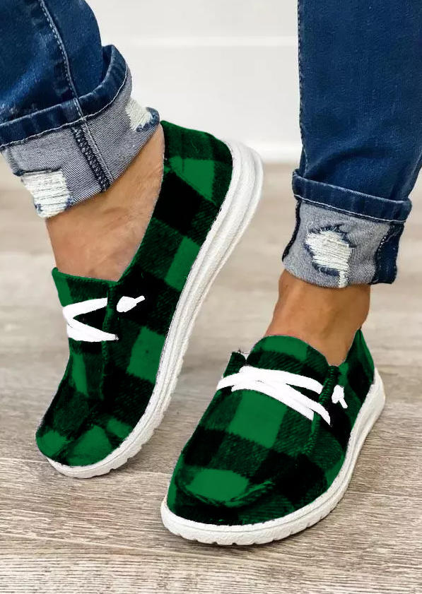 

Plaid Round Toe Slip On Flat Sneakers - Green, SCM008360