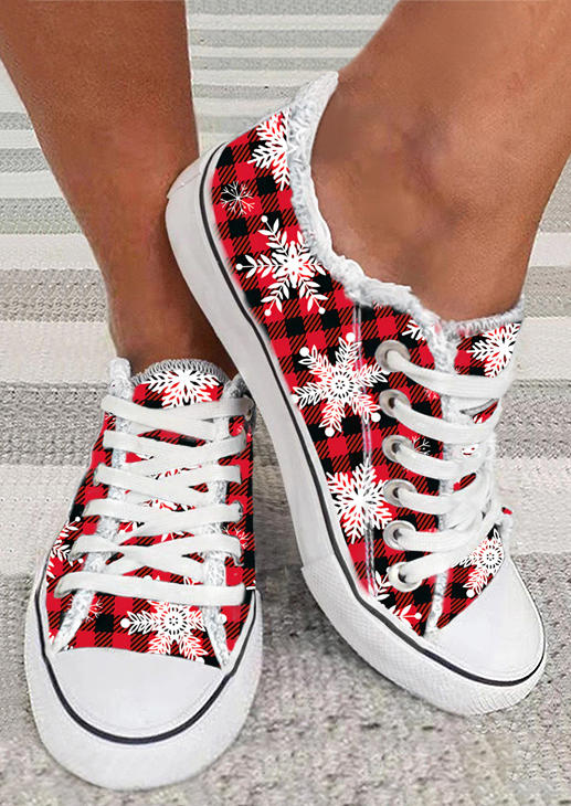 

Christmas Snowflake Plaid Flat Sneakers - Red, SCM008364