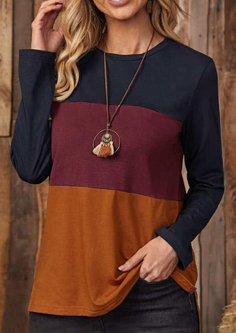 

Color Block Long Sleeve O-Neck Blouse, Multicolor, SCM007150