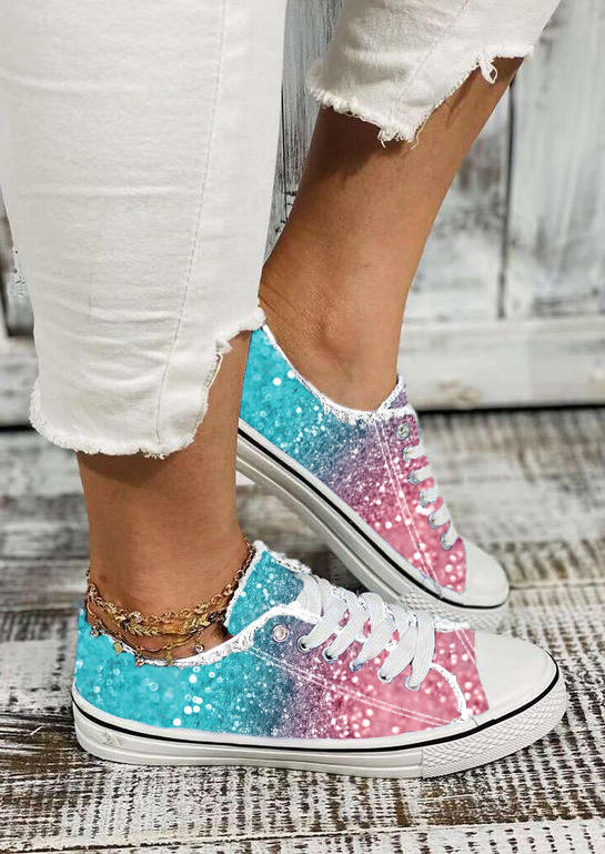 Gradient Glitter Frayed Lace Up Flat Sneakers