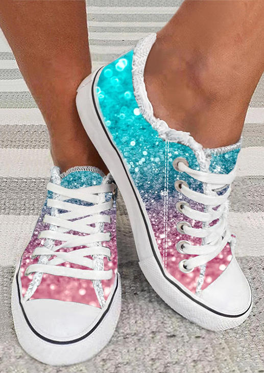 Gradient Glitter Frayed Lace Up Flat Sneakers