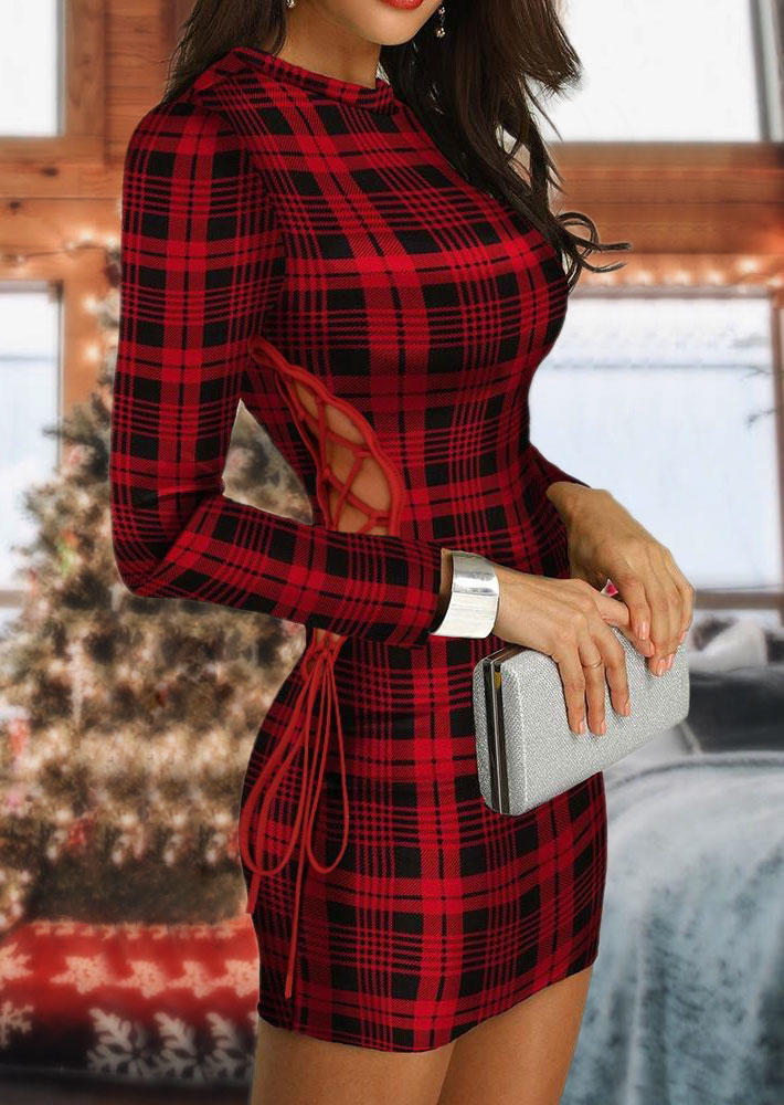 

Plaid Lace Up Criss-Cross Bodycon Dress, Multicolor, SCM007567
