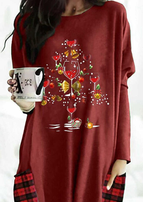 Christmas Wine Glass Plaid Pocket Sweatshirt Mini Dress - Red