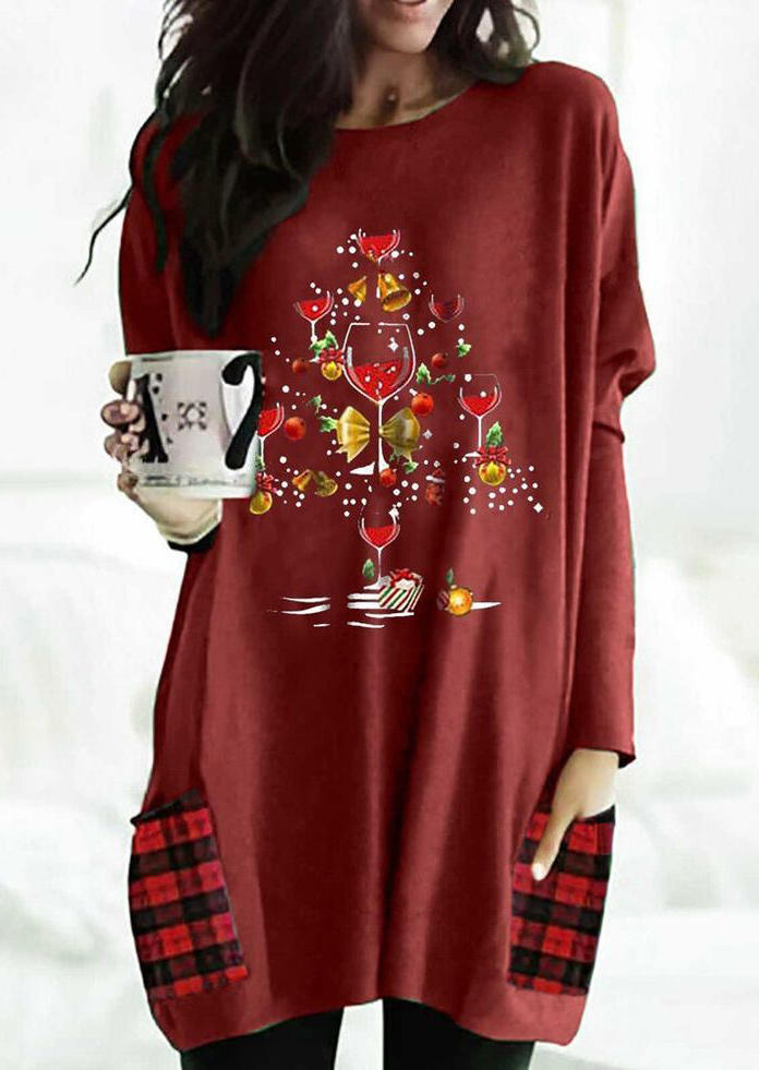 Christmas Wine Glass Plaid Pocket Sweatshirt Mini Dress - Red