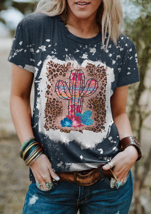 

Cactus Leopard Bleached T-Shirt Tee - Dark Gray, SCM007583