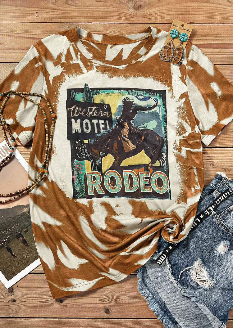 

Western Motel Rodeo Cactus Horse Floral T-Shirt Tee, Multicolor, SCM007625