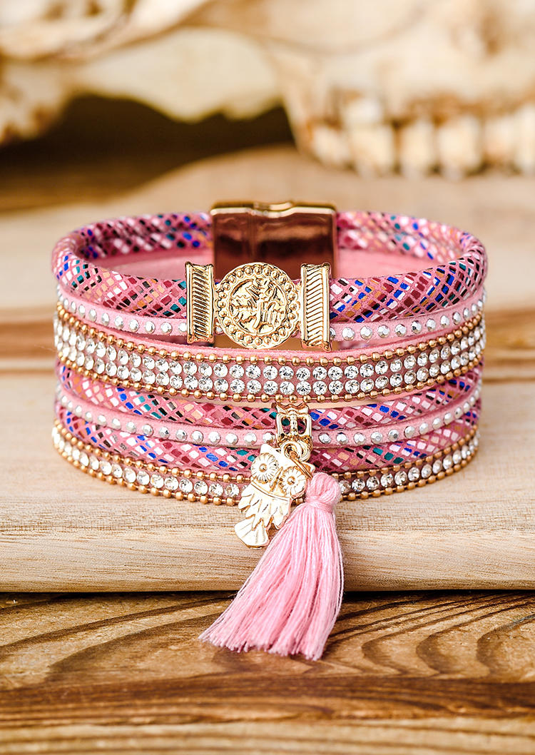 

Ethnic Owl Tassel Rhinestone PU Leather Bracelet, Pink, SCM007644