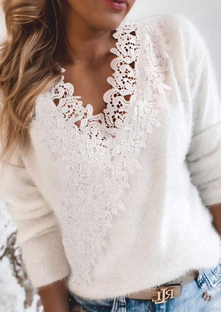 

Lace Splicing Drop Shoulder Sweater - White, SCM007791