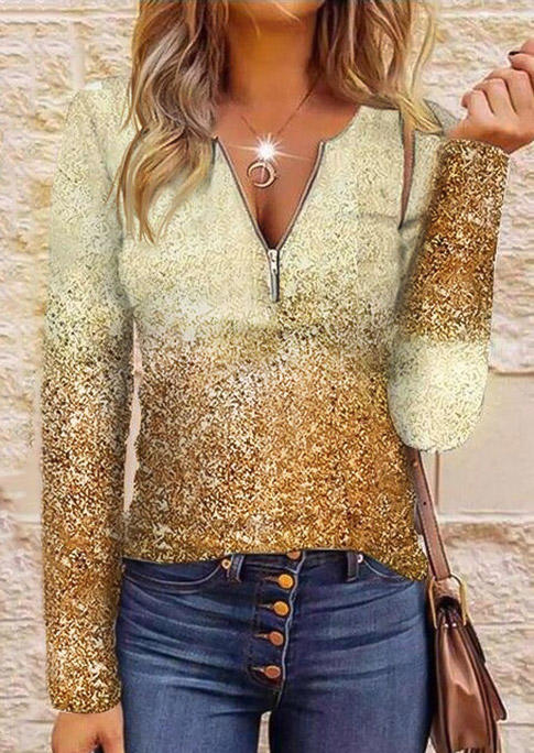 

Glitter Gradient Zipper Collar Blouse - Gold, SCM007814