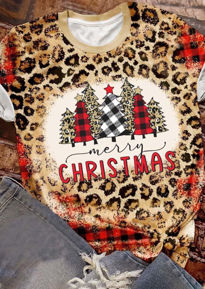 

Merry Christmas Leopard Plaid Tree T-Shirt Tee, Multicolor, SCM007862