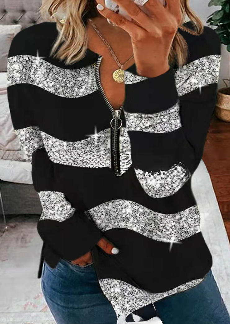 

Color Block Striped Glitter Zipper Sweatshirt, Black, SCM007890