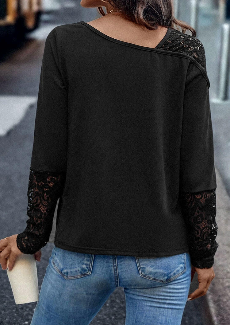 Lace Splicing Long Sleeve Blouse - Black
