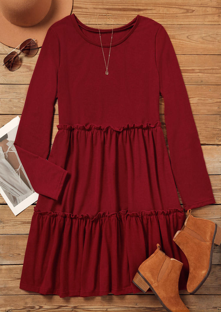 Ruffled Long Sleeve O-Neck Mini Dress - Burgundy