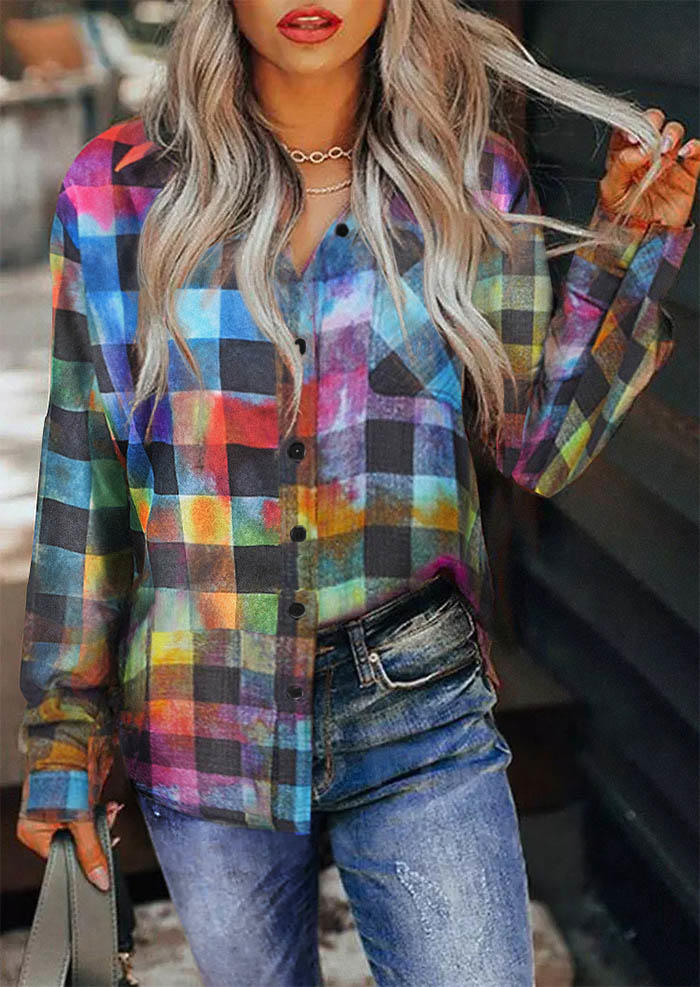 

Colorful Plaid Pocket Button Long Sleeve Shirt, Multicolor, SCM007964