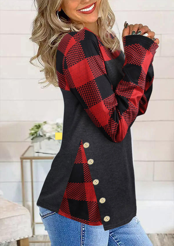 

Plaid Button Long Sleeve O-Neck Blouse - Red, SCM008042