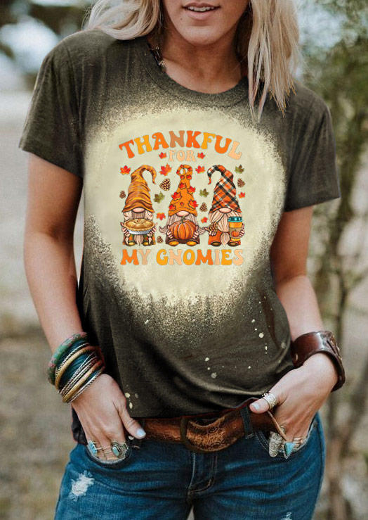 

Thankful For My Gnomies Pumpkin Maple Leaf Plaid Bleached T-Shirt Tee - Army Green, SCM008119