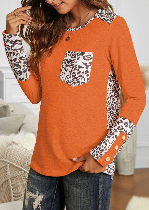 Leopard Button Pocket O-Neck Blouse - Orange