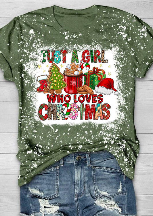 

Just A Girl Who Loves Christmas Leopard Bleached T-Shirt Tee - Green, SCM008144