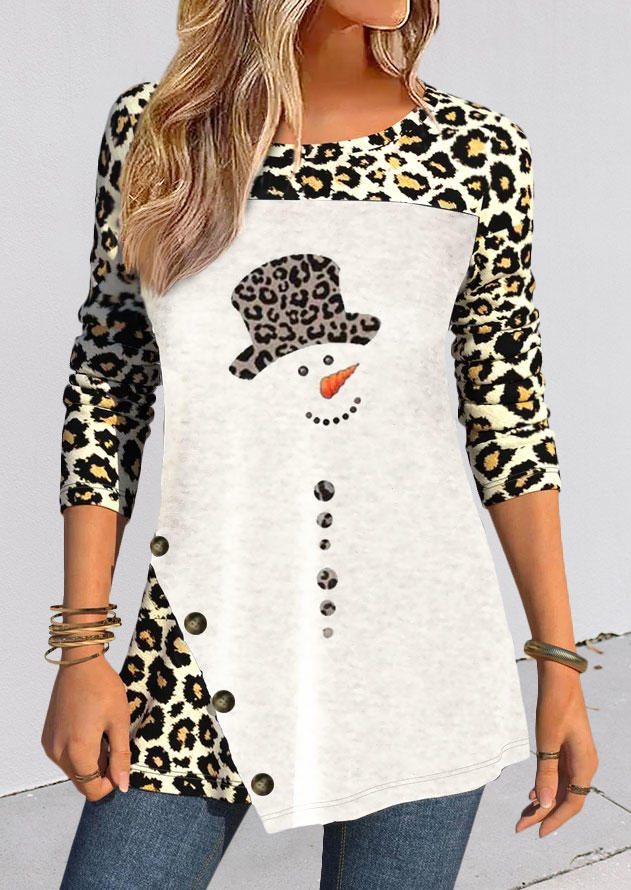 Christmas Snowman Leopard Button Long Sleeve Blouse