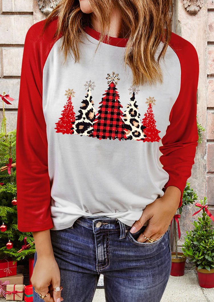 

Christmas Plaid Leopard Tree T-Shirt Tee - Red, SCM008261