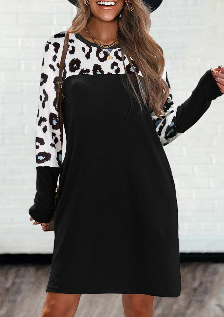 Leopard Pocket Long Sleeve Mini Dress - Black