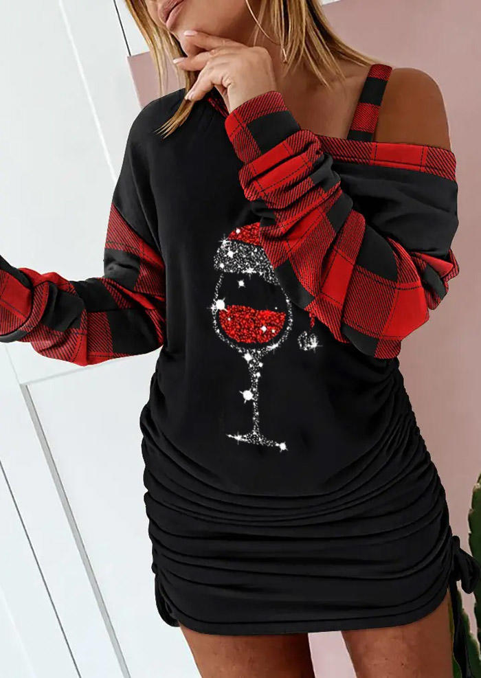 

Christmas Hat Wine Glass Plaid Glitter Drawstring Mini Dress - Black, SCM008341