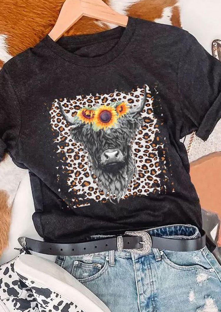 

Leopard Highland Cattle O-Neck T-Shirt Tee - Gray, SCM008371