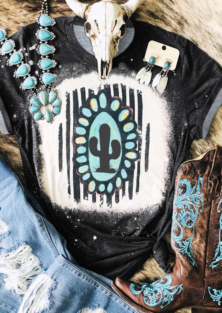 

Turquoise Cactus Bleached O-Neck T-Shirt Tee - Black, SCM007323