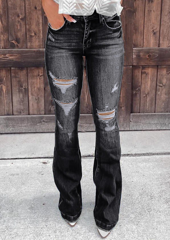 

Ripped Hole Distressed Pocket Denim Jeans - Black, SCM007531