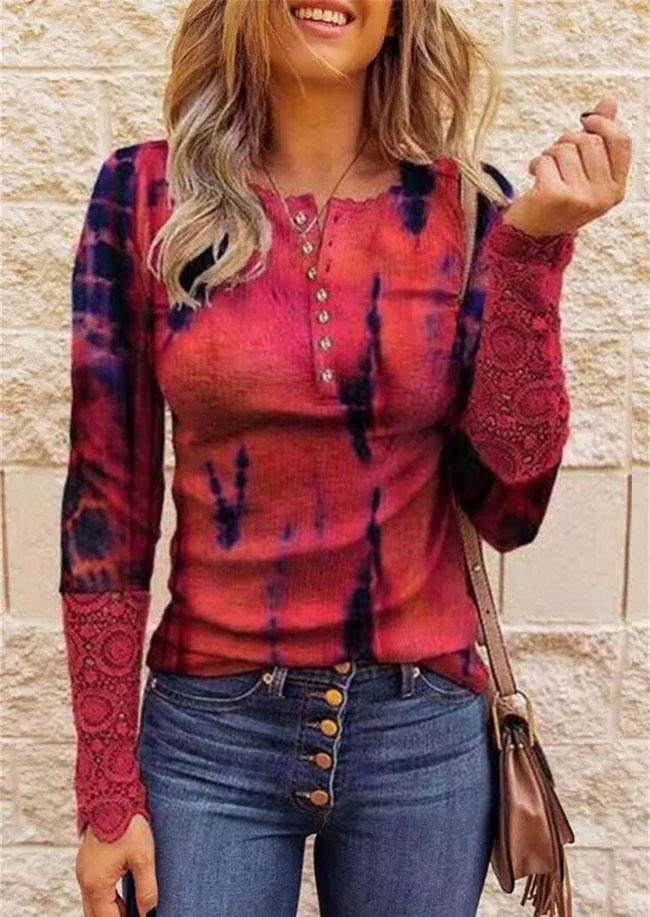 

Tie Dye Lace Splicing Button Long Sleeve Blouse, Red, SCM007711