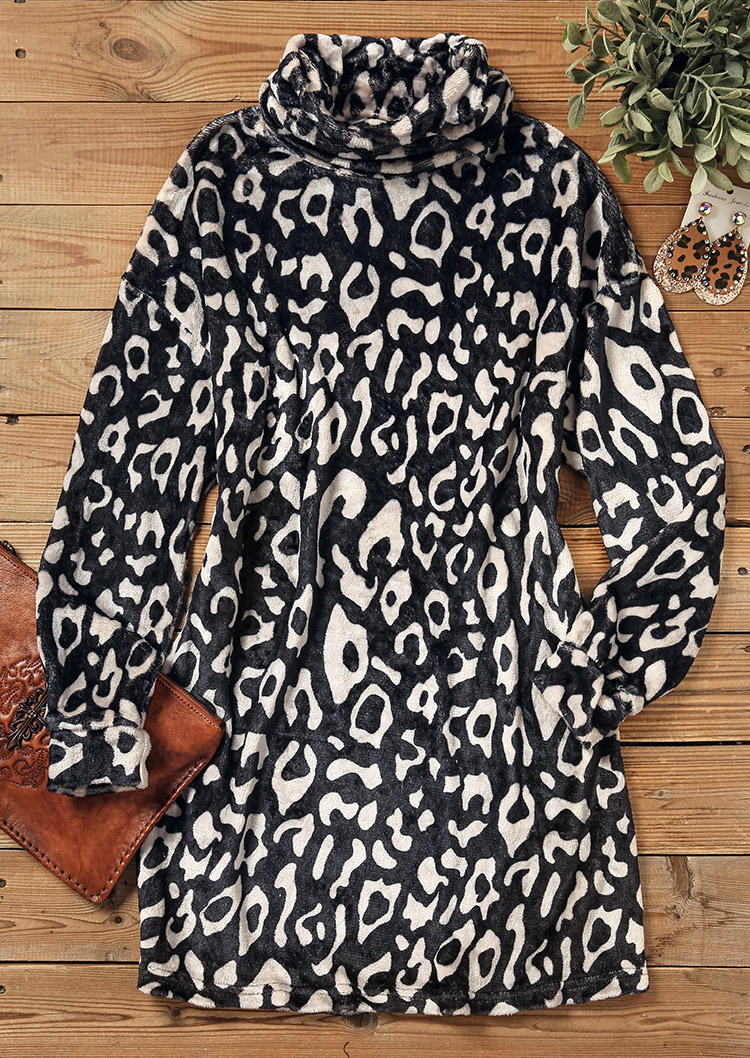 Leopard Long Sleeve Turtleneck Mini Dress
