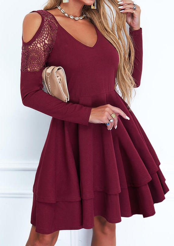 Lace Splicing Cold Shoulder Layered Mini Dress - Burgundy