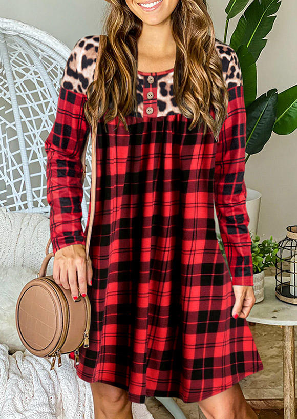 

Leopard Plaid Button O-Neck Mini Dress, Multicolor, SCM007847