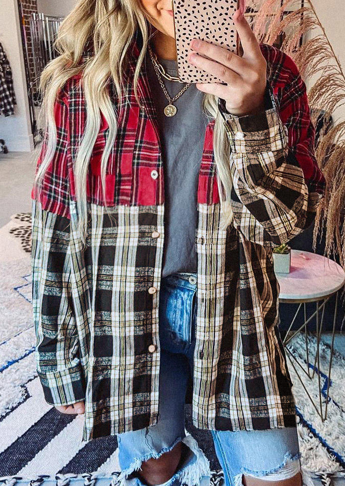 

Plaid Color Block Long Sleeve Shirt - Red, SCM007884