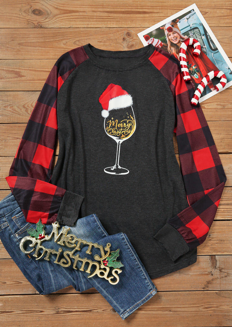 Merry Christmas Wine Glass Plaid T-Shirt Tee - Dark Grey