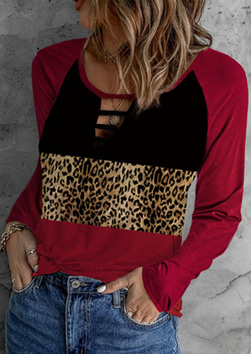 

Leopard Color Block Hollow Out O-Neck Blouse, Multicolor, SCM008013