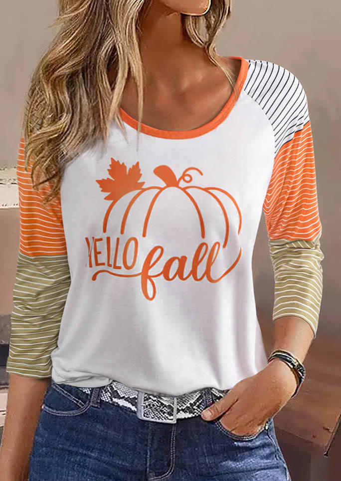 

Hello Fall Pumpkin Maple Leaf Striped T-Shirt Tee - White, SCM008030