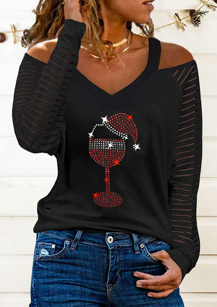 

Christmas Striped Hat Wine Glass Rhinestone Blouse - Black, SCM008032