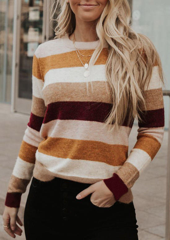 Colorful Striped Long Sleeve O-Neck Blouse SCM008053