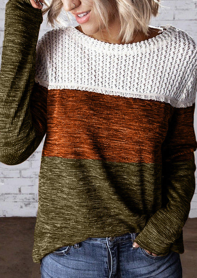 

Color Block Hollow Out Long Sleeve Blouse, Multicolor, SCM008055