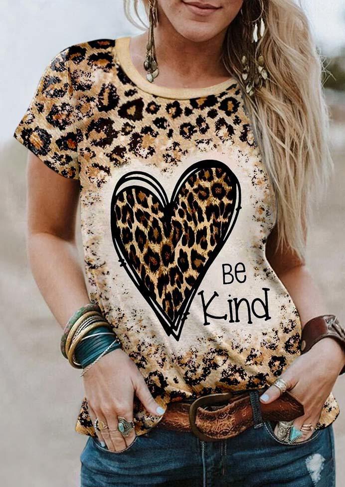 Be Kind Heart Leopard O-Neck T-Shirt Tee