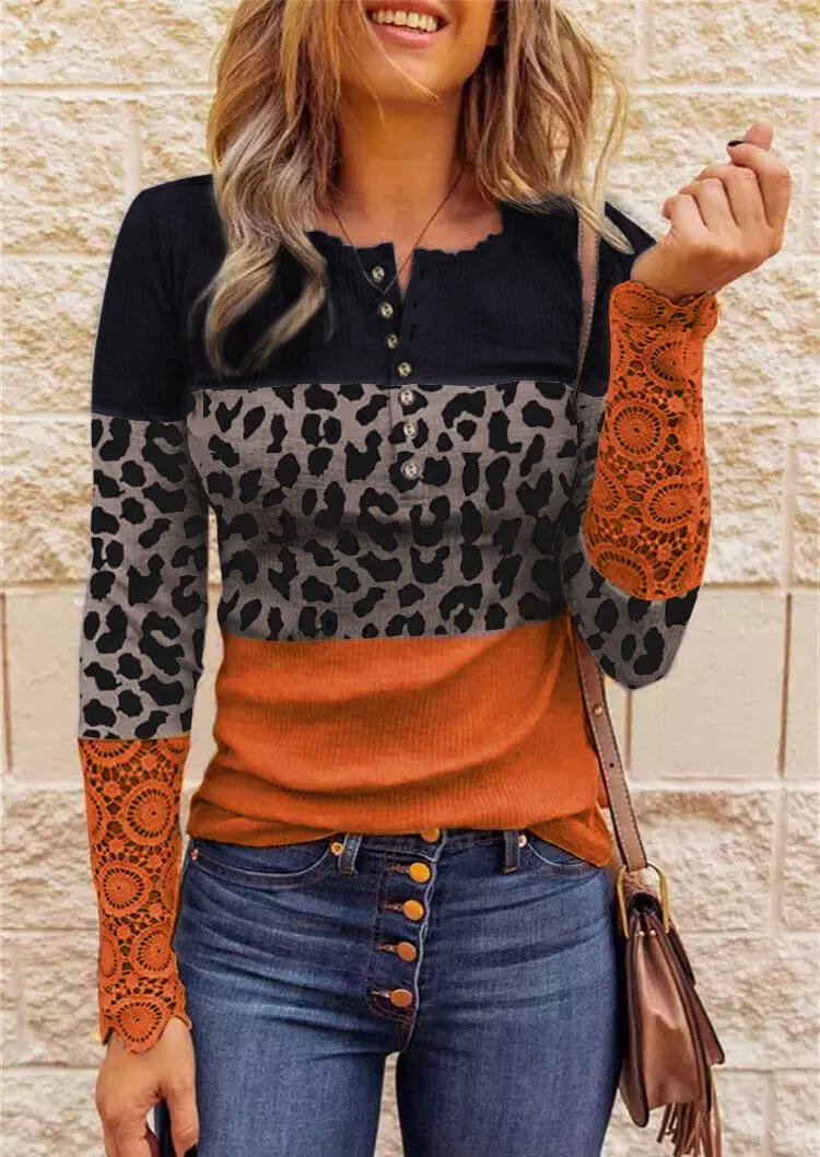 

Leopard Color Block Button Lace Splicing Blouse - Orange, SCM008142