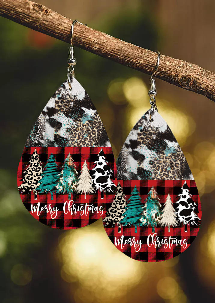 

Merry Christmas Tree Leopard Plaid Water Drop Earrings, Multicolor, SCM008165