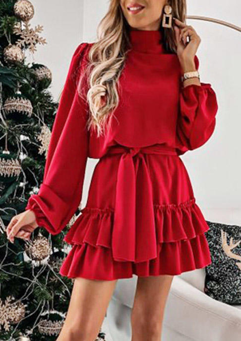 Button Ruffled Long Sleeve Turtleneck Mini Dress - Red