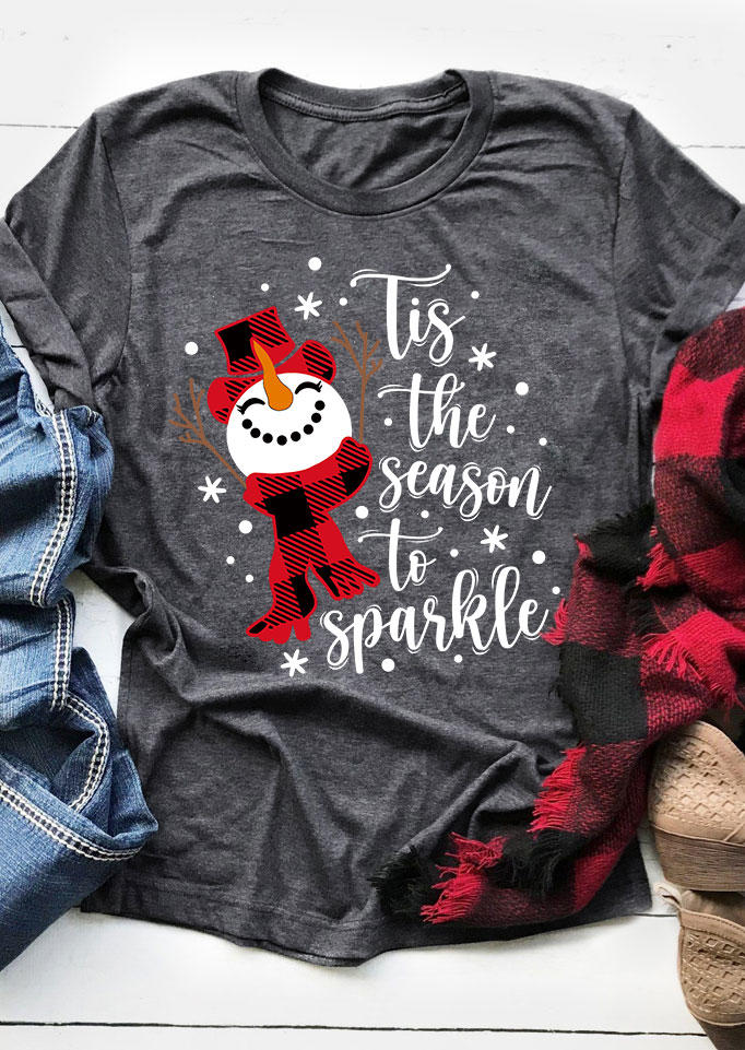 

Christmas Tis The Season To Sparkle Snowman T-Shirt Tee - Dark Grey, Gray, SCM008262